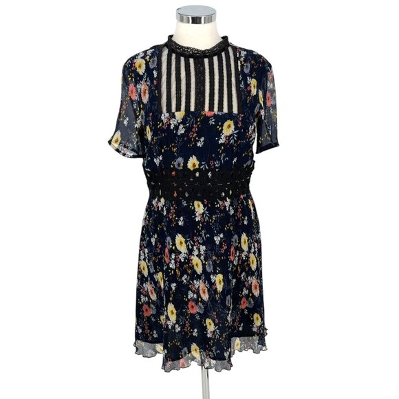 Foxiedox Juniper Floral Lace Trim Mini Dress Navy Blue Size Medium - Picture 1 of 13